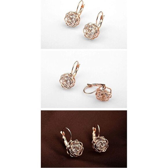 ❤️Women Gold White Crystal Roses Flowers Necklace and Earrings Set for Women - Picture 5 of 6